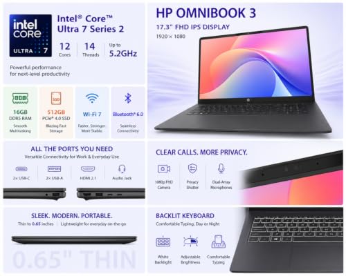 Image of HP OmniBook 3 Business Laptop, 2026 Edition, 17.3 inch FHD IPS Micro-Edge Display, Intel Core Ultra 7, 16GB DDR5 RAM, 512GB PCIe SSD, Backlit Keyboard, Wi-Fi 7, Thin & Lightweight, Windows 11