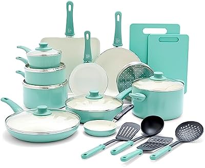 GreenLife Soft Grip 23 Piece Kitchen Cookware Pots and Frying Saucepans Set, Healthy Ceramic Nonstick PFAS and PFOA-Free, Dishwasher and Oven Safe, Even Heating, Easy Clean, Warp Control, Turquoise