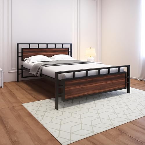 Image of TEKAVO IronOak Double Size Bed | Heavy Duty Iron Bed | Metal and Wood Frame| Modern Bedroom Furniture | Sturdy & Rustproof | Easy Assembly | Rustic Design | Durable & Stylish |