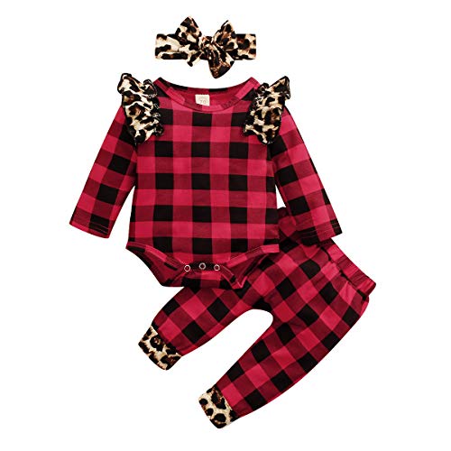 Newborn Baby Christmas Outfit Girl Red Knitted Ruffle Romper Bodysuit Tops Leopard Xmas Santa Pants Set (Red Plaid, 0-6 Months)