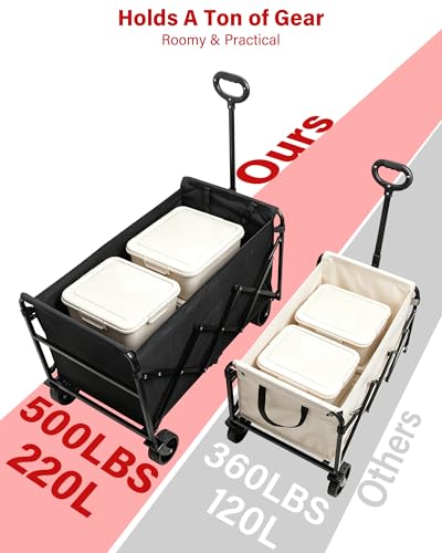 Image of Collapsible Wagons Carts Foldable Wagon, 500LBS Wagon Cart Foldable Heavy Duty with Brakes & All-Terrain Wheels, Large Collapsible Folding Wagons for Beach Camp Sports Grocery, Portable (Black)