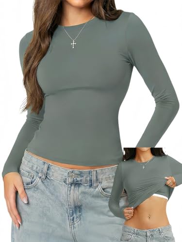 Danysu Womens Bulit in Bra Double Lined Nylon Long Sleeve Tops Crew Neck High Stretchy Fitted Fall Fashion Shirts 2025 Haze Blue M