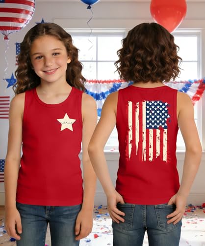 Image of Ithalt Girls 4th of July Tank Top for Kids Boys USA Patriotic Shirt American Flag Tshirt Red White and Blue Sleeveless