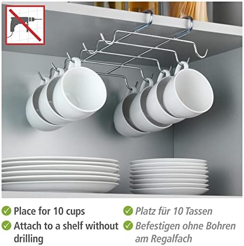 WENKO Colgador para tazas Interior armario cocina, Metal chrome plated, High-Gloss Silver
