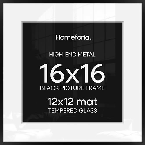 Image of Homeforia 16x16 Picture Frame Black, High End Metal 16x16 Square Poster Frame Matted to 12x12 Print, 16 x 16 Black Frames with Mat 12 x 12 Photo, 16by16 Thin Frames, Tempered Glass, Wall Kit, Set of 3