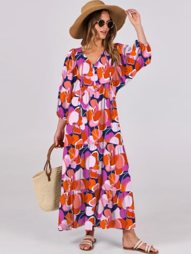 Image of ANRABESS Womens Boho Floral 3 /4 Puff Sleeve Maxi Dress