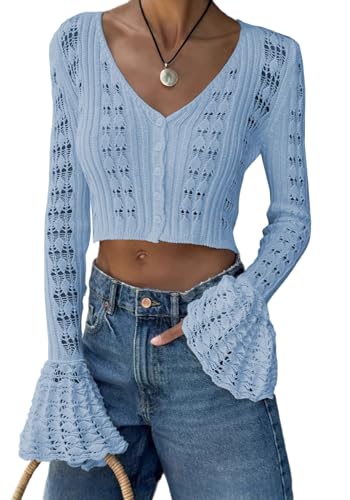 Unybwonn Women Cropped Cardigan Sweater Bell Long Sleeve Knit Crochet Cardigan Crop Top Casual Hollow Out Bolero Shrug