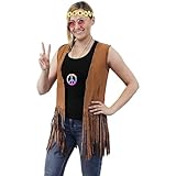 60s 70s Hippie Costume Accessories - 5-Set Vest Headband Glasses Pouch Necklace, Women Size S Brown