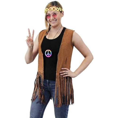 BLUE PANDA 60s 70s Hippie Costume Accessories - 5-Set Vest Headband Glasses Pouch Necklace, Women Size S Brown
