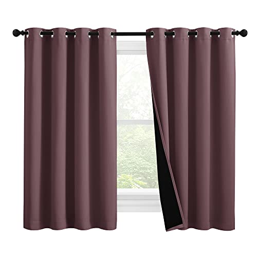 NICETOWN 100% Blackout Short Curtains with Black Liners, 2 Panels, 37" W by 40" L, Dry Rose, Solid Thermal Insulated Full Blackout 2-Layer Lined Drapes, Energy Efficiency Window Draperies fo