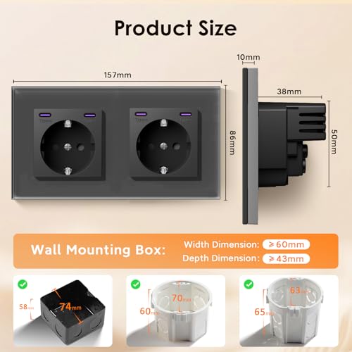 BSEED Schuko Steckdose mit Type C 20W Schnellladeger&auml;t, Typ C + Typ C Steckdose Unterputz, 2 Fach EU-Standard Wandsteckdose mit Glas Platte, 157mm, Grau