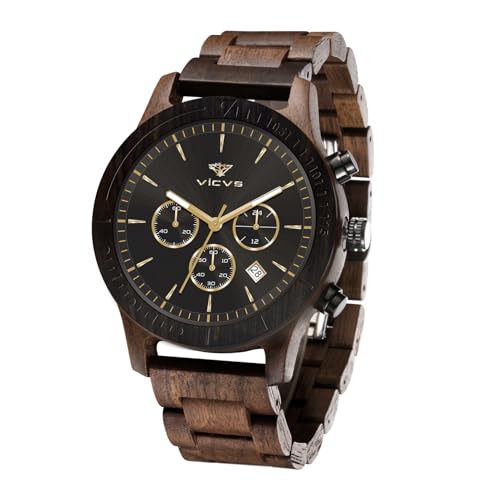VICVS Reloj de madera para hombre, de sándalo natural rojo/nogal negro, cuarzo japonés, cronógrafo multifunción, pulsera VICVS Reloj de madera para hombre, de sándalo natural rojo/nogal negro, cuarzo japonés, cronógrafo multifunción, pulsera