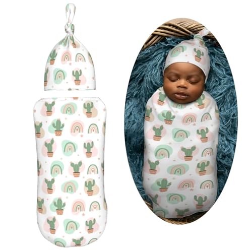 Image of Cactus On Summer Newborn Swaddle Blankets Hat Sets Soft Baby Receiving Blanket Swaddle Sack for Baby Shower Infant Boy Girl Gift