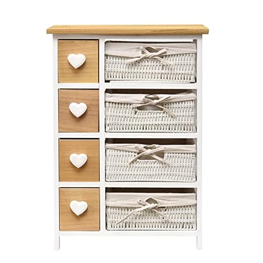 Rebecca Mobili Comóda Madera Mimbre, Mueble baño Vintage, 8 cajones, Color Blanco, Perilla Forma de corazón - Medidas: 71 x 51 x P 30 cm (AxANxF) - Art. RE4356