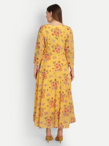 Image of Women's Floral Printed Georgette Standard Regular Fit and Flare Casual Knee Length Western Dress