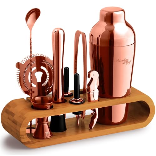 Mixology & Craft Cocktail Shaker Set: 10-Piece Bartender Kit with Stand | Complete at Home Bar Set with Bar Accessories | Great Housewarming Gift | Leak-Proof Design (Copper)