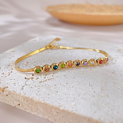 Fashion Colorful Cubic Zirconia Bracelet Stainless Steel Flat Snke Adjustable Link Chain Bracelet4