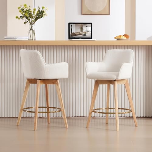 ONEVOG 26 Boucle Counter Stools Set of 2 Counter Height Swivel Bar Stools with Curved Backs Modern Upholstered Wooden Barstools Chairs Sherpa Fabric White