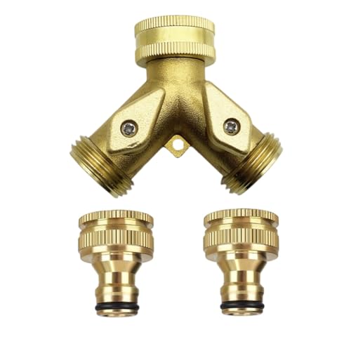 Brass 2 Way Y Valve Tap Connector - Garden Hose Splitter with 2Pcs 3/4 Tap Connector