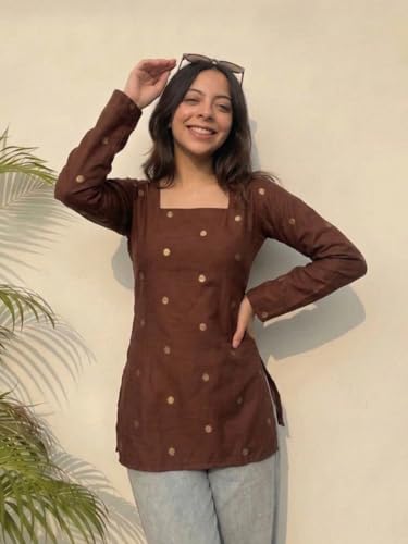 Image of ANNI Designer Women's Viscose Blend Printed Short Kurti | Straight Fit Ethnic Top with Square Neck | Bell Sleeve Indian Kurta for Office College, Party