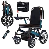 Rexhan Foldable Electric Wheelchair, Folding Power Chair, 20 KM Removable Lithium Battery, 2 X 200W Brushless Motor, 19 KG Lightweight, Remote Control, Aluminium Frame, Electromagnetic Brakes, Blue