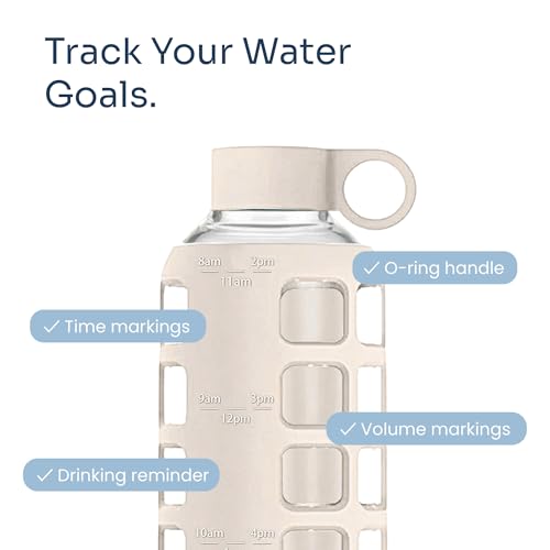 purifyou 40oz / 32oz / 22oz / 12oz Borosilicate Glass Water Bottle with Time & Volume Markers, Silicone Sleeve, Stainless Steel Lid | Reusable Glass Bottle for Water & Juice (22oz Pearled Ivory)