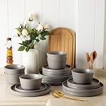 AmorArc Ensembles de repas en céramique pour 4, Ensembles de plaques et de bols en grès plat, résistant à l'écharpe et à la fissure & Set de vaisselle micro-ondes, résistant aux rayures- Service pour 4 (12pc)-Matte Gray