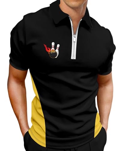 Hodaweisolp Polo de golf imprimé à manches courtes et fermeture éclair pour homme Coupe ajustée, Z7 Bowling Noir, Taille XL