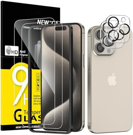 NEW'C 4 Pack, 2 Pack for iPhone 15 Pro Max Screen Protector (6.7 inch) + 2 Pack Camera Lens Protector, Sensor Protection,Case Friendly Tempered Glass Film