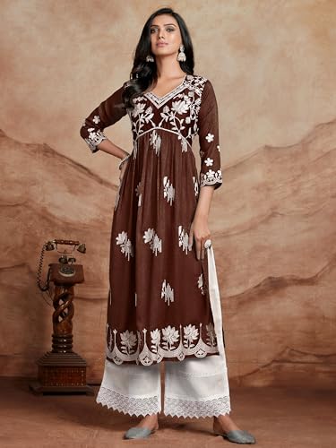Image of EthnicJunction Women's Silk Blend Regular Fit Chikankari Embroidered Naira Cut Kurta
