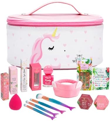 Whimsy Beauty Organic & Safe Unicorn Travel Makeup Kit | Safe, Non-Toxic Beauty Set for Girls, Preteens & Teens | Lip Balm, Lip & Cheek Tint, Lip Gloss, Eye Glitter, Nail Polish & Brushes (Pack of 13)
