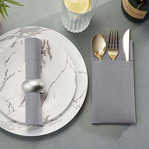 50-Pack Disposable Linen-Feel Dinner Napkins with Built-in Flatware Pocket, GRAY Prefolded Cloth Like Paper Napkins For Dinner, Wedding Or Party [Silverware NOT Included] - Thumbnail 4