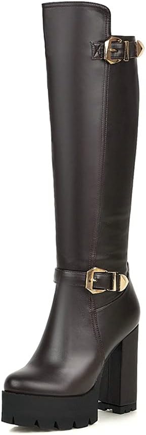 Shinelly Women High Heel Platform Boots Knee High Chunky Boots Zipper