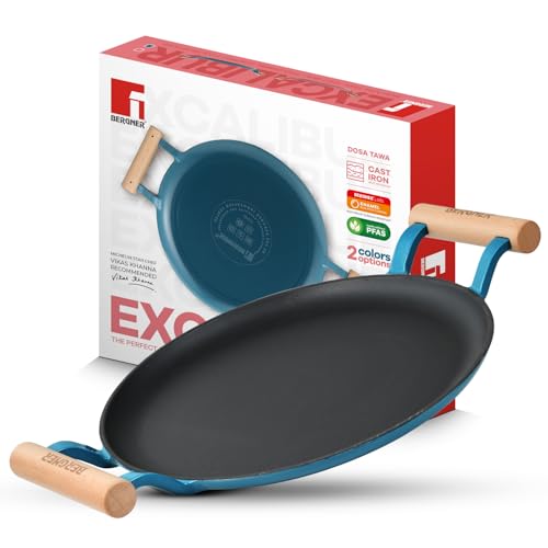 Image of BERGNER Excalibur Lightweight Cast Iron Dosa Tawa 28cm, Double Sided Sturdy Handle, Non-Stick Coating, PFAS Free, Perfect Heat Distribution, Elegant Design - Induction Compatible (Blue)