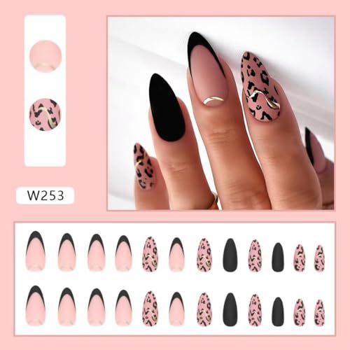 Image of Black French Tip Press On Nails - Nude Fake Nails Medium Almond False Nails with Gold Line Design Leopard Print Glue On Artificial Acrylic Full Cover Matte Stick On Nails for Women Manicure