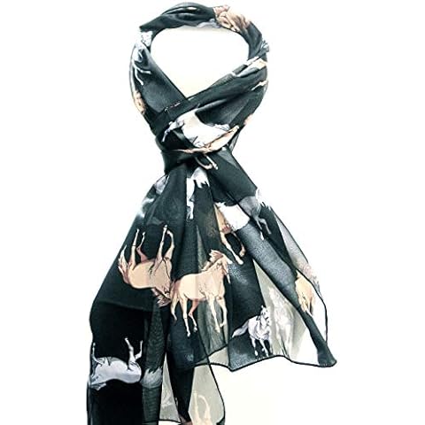 Ladies Long Soft Feel Animal Satin Stripe Scarves Horse Pattern Scarf Stole Neck Tie Scarf (Black) Cover