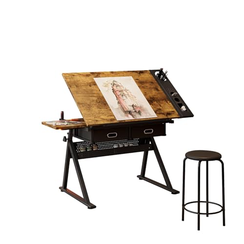 Adjustable Drawing Table with Stool and Storage Drawers, Drafting Table with Tilted Tabletop, Art Desk for Artist Painters Drawing, Crafting, Reading, Writing, 38.5 x 23.6 inch Drafting Workstation