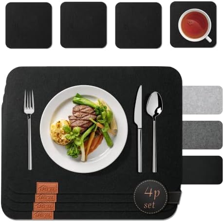 Casmol Set of 4 Felt Placemats,Table Place Mats Washable Coasters Set,Square Place Mat,Heat Resistant Cutlery,for Dining Table Decoration,Non Slip Mats for Kitchen Table(Black,40x30cm)