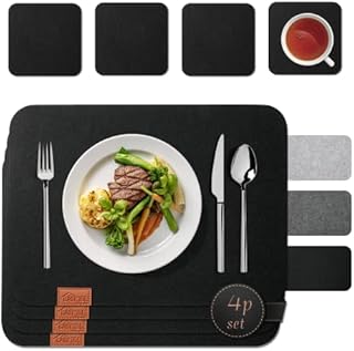 Casmol Set of 4 Felt Placemats,Table Place Mats Washable Coasters Set,Square Place Mat,Heat Resistant Cutlery,for Dining Table Decoration,Non Slip Mats for Kitchen Table(Black,40x30cm)