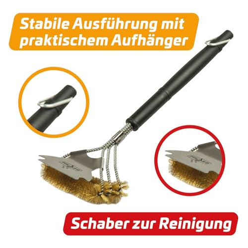 2X Grillfürst Premium Grillbürste mit Messing Borsten, 45 cm - Grill Reinigungsbürste für Grillrost, Grillrost Bürste mit breitem 3-Fach Bürstenkopf und Schaber 3