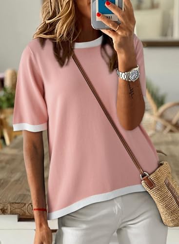 Image of Dokotoo Womens Tops 2026 Casual Summer Crewneck Short Sleeve Striped Color Block Knit High Low Trendy Pullover Sweaters