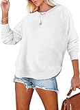 EVALESS Sweatshirt for Women Casual Long Sleeve Shirts Cute Lightweight Comfort Colors Crewneck Cotton Sweatshirts Loose Fit Side Split Pullover Tunic Tops 2025 Fall Fashion Clothes White Medium