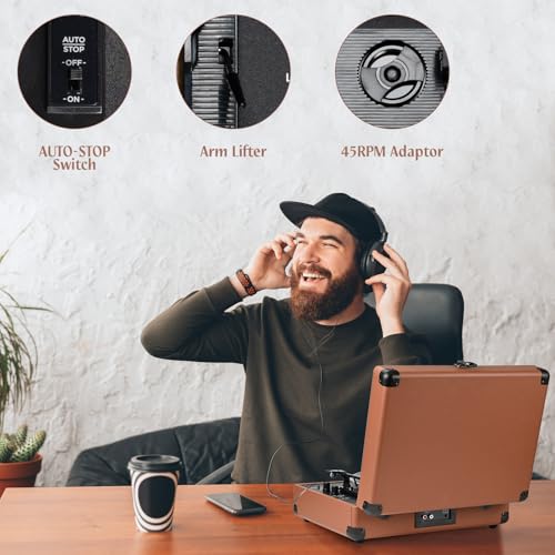 Image of Vinyl Record Player 3-Speed Bluetooth Suitcase Portable Belt-Driven Record Player with Built-in Speakers RCA Line Out AUX in Headphone Jack Vintage Turntable Brown