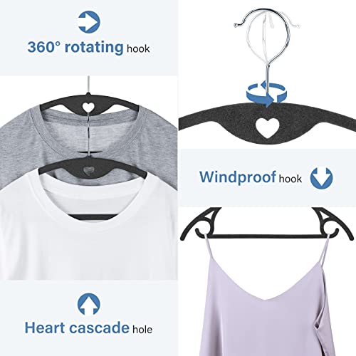 IEOKE Velvet Hangers, 50-Pack No Shoulder Bumps Suit Hangers Ultra Thin Space Saving 360 Degree Swivel Heavy Duty Hook Durable Hangers for Sweaters Coat Jackets Shirts Dresses (50 Pack, Black/Silver)