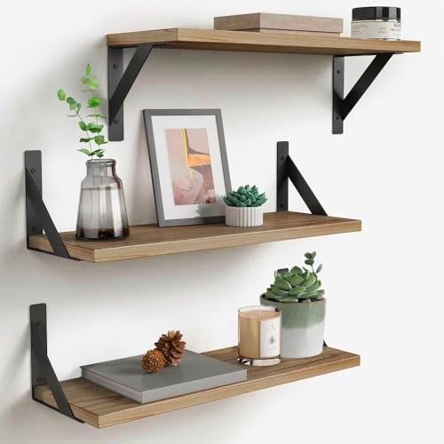 Floating Shelf Wooden Shelves, 3 Pack Floating Shelves Wood, Rustic Shelves for Wall, Small Shelf Oak Shelves for Bedroom, Kitchen, Nursery, Bathroom, Living Room, Home Office, Laundry room