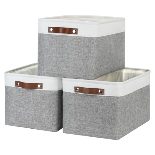 DULLEMELO Storage Baskets for Organizing, Rectangular Fabric Storage Bins Collapsible, Perfect for Shelves, Closets, Empty Gift Baskets (3-Pack Medium-15 inch X 11 inch X 9.5 inch , White&Grey)