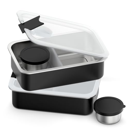 Image of Bakpoco Stainless Steel Bento Lunch Box for Adult Kids, 2 Pack 33oz Leak-Proof Lunch Box Containers, Microwave-Safe, with Adjustable Divider, Convenient Metal Lunchbox for School, Travel