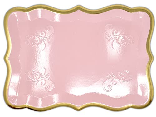 10 Pink Rectangle Trays With Gold Rim Border For Elegant Dessert Table Serving Parties 9" X 13" Disposable Paper Cardboard Platters For Cupcake Display Wedding Baby Shower & Birthday Party Food Safe #TOP2