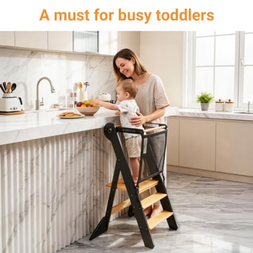 COSYLAND Foldable Toddler Standing Tower – Adjustable Height Folding Step Stool with Safety Net, Partial Assembly Toddler Kitchen Stool Helper for Learning and Cooking, Black & Natural by COSYLAND - Image 7