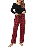Clearlove Schlafanzug Damen Lang Pyjamas Set Langarm Nachtwäsche Top und Pyjamahose Zweiteiliger Rundhals Sleepwear Winter Hausanzug Mit Taschen Schwarz S